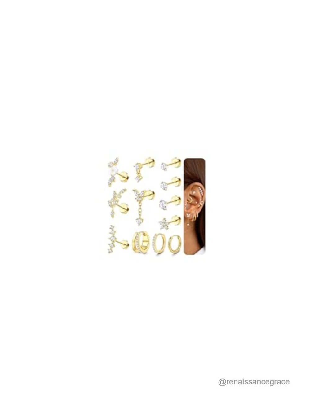 9PCS Flat Back Cartilage Earrings, 14K Gold Plated Surgical Steel Studs & Hoops